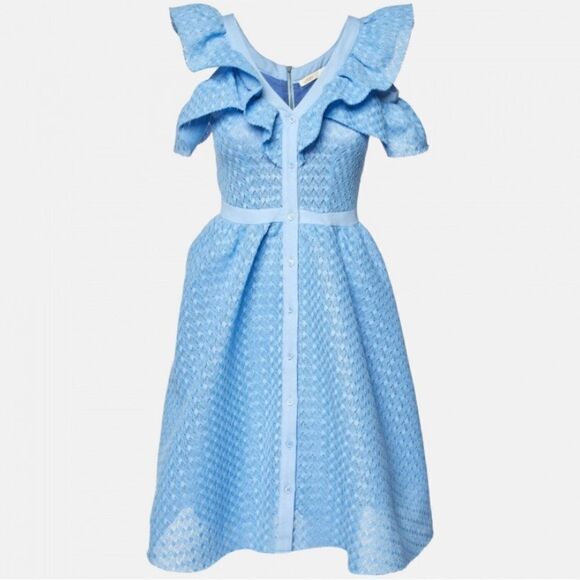 Maje Blue Lace Reglisse Ruffled Cold Shoulder Dress size L Cottagecore  Milkmaid